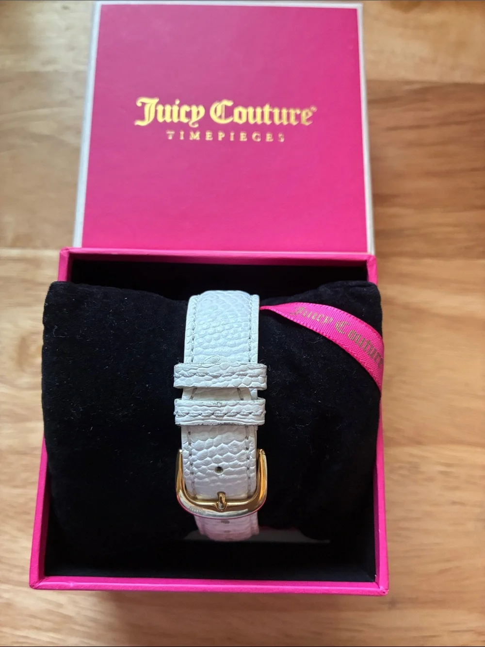 Juicy Couture Gold-Tone Watch with White Strap and Crystal Accents